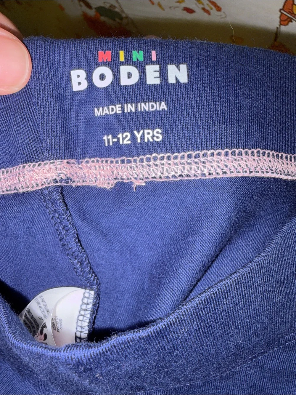 Mini Boden dog tunic dress navy blue leggings, girls 11 12